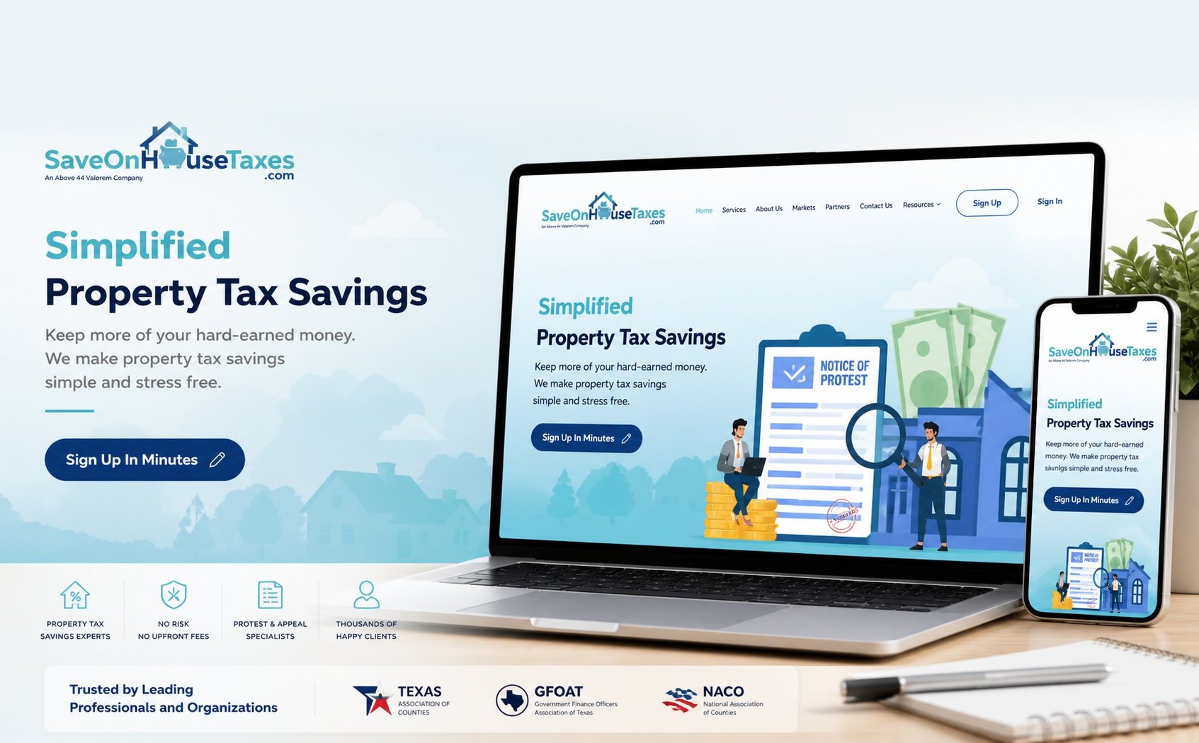 SaveOnHouseTaxes.com website mockup on laptop and mobile