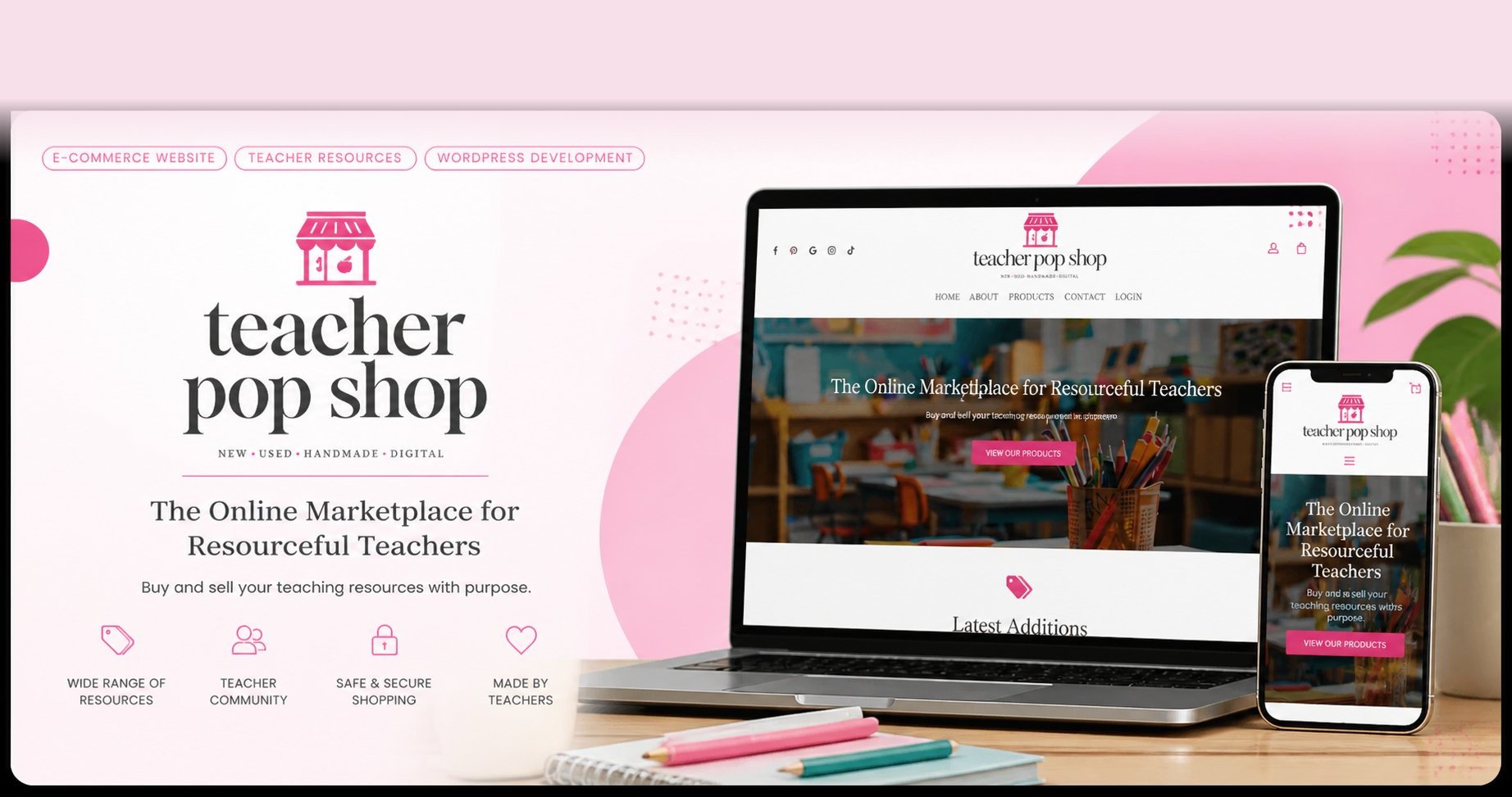 Teacher Pop Shop website on desktop and mobile